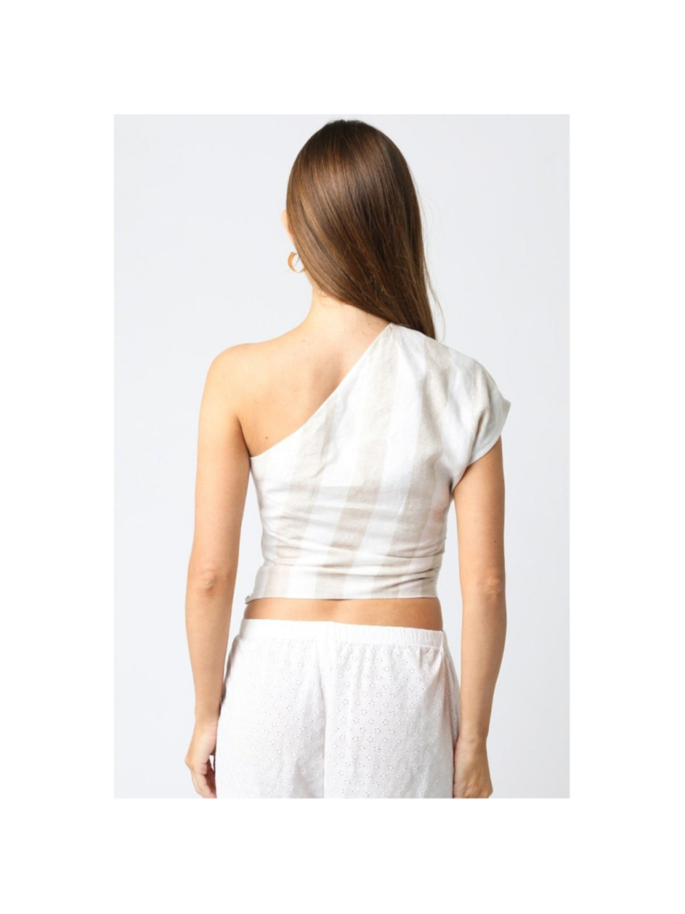 Olivaceous sz S neutral striped Linen sd zip one shoulder blouse EUC summer crop - Picture 3 of 11